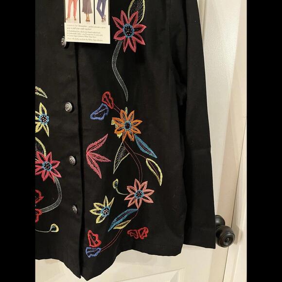 White Stag Embroidered‎ Jacket Black Denim Long Sleeve Button Large Floral Retro - Picture 4 of 9